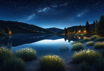 Fototapeta premium stunning starry sky illuminating peaceful landscape twinkling stars quiet terrain night, breathtaking, sunset, twilight, nature, horizon, milky, way