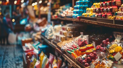 Fototapeta premium Colorful candy display in a bustling market stall
