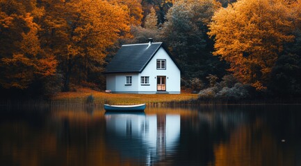 Fototapeta premium A white house with a black roof, standing on the shore of an autumn lake surrounded by trees in orange and yellow colors