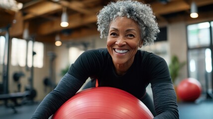 happy senior woman exercising with fitness ball