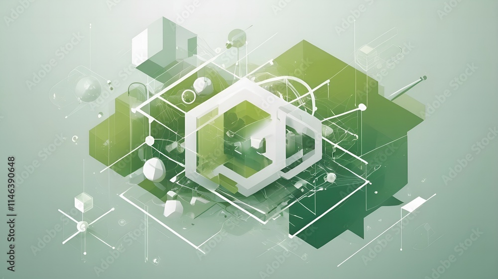 Poster a 3d futuristic geometric design with interconnected shapes and lines in various shades of green, sy
