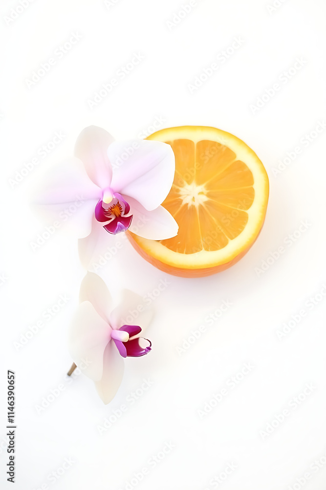 Poster delicate orchid petal is paired with a vibrant orange slice against a clean and simple white backgro