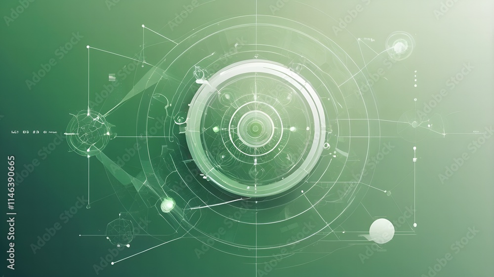 Poster a futuristic digital interface with circular patterns and geometric lines on a green gradient backgr