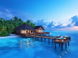Fototapeta premium Wooden walkways connecting overwater bungalows in a tropical lagoon during sunset.