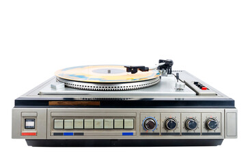 Obraz premium Vintage turntable record player with a vinyl isolated on white background.