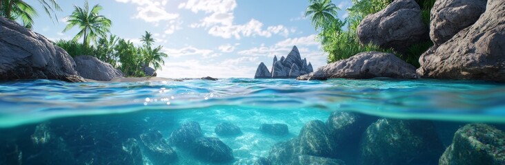 Fototapeta premium Find a tropical oasis with sparkling waters and lush palm trees, perfect for marketing resorts or travel packages.