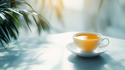 Relaxing green tea in bright morning light with palm tree leaves