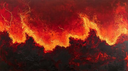 Abstract depiction of a raging wildfire, furious waves of searing crimson and aureate flames, jagged arcs of crackling electricity surging through the inferno, a visceral and raw display of unbridled