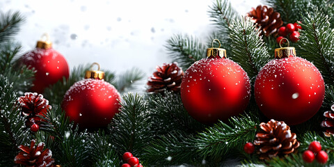 Naklejka premium Red Ornaments Decorate Snowy Winter Evergreen Branches