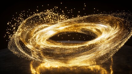 A brilliant, shimmering circle of light radiates outwards, its golden trails and sparkling particles suggesting a powerful, transformative force. The undulating, spiraling form appears to surge with