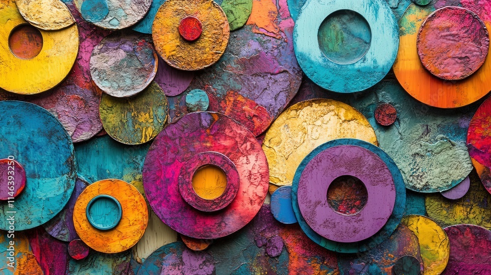 Poster a colorful and textured mixed media composition filled with circular shapes of various sizes.
