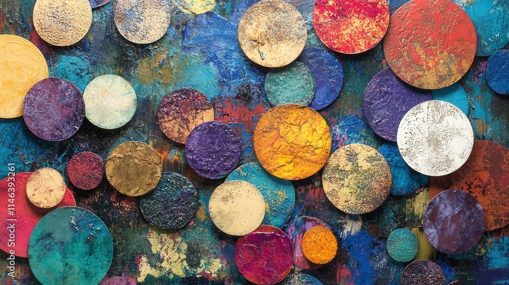 Poster a colorful and textured mixed media composition filled with circular shapes of various sizes.
