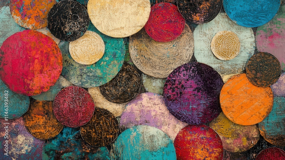 Poster a colorful and textured mixed media composition filled with circular shapes of various sizes.