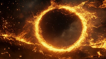 A dramatic, fiery circular frame with a glowing, incandescent ring of flame engulfing the frame's edge. Intense, swirling sparks and embers erupt from the burning border, creating a sense of raw,