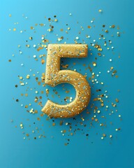 Bright golden number five surrounded by colorful confetti on a vibrant blue background for celebration and party themes