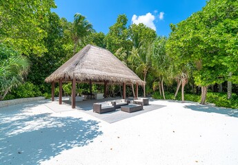 A luxurious gazebo offers a serene retreat under the shade on a tropical beach, with palm trees and turquoise water in the background.
