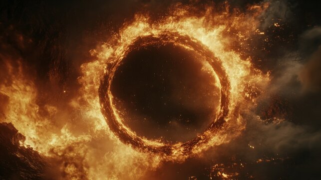 A dramatic, fiery circular frame with a glowing, incandescent ring of flame engulfing the frame's edge. Intense, swirling sparks and embers erupt from the burning border, creating a sense of raw,