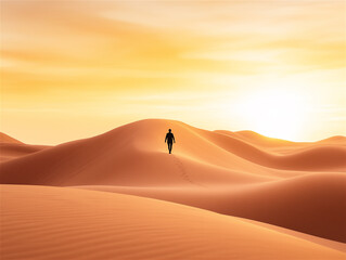A lone figure walking through golden sand dunes under a warm, glowing sunset. The image captures solitude, exploration, and the beauty of nature.