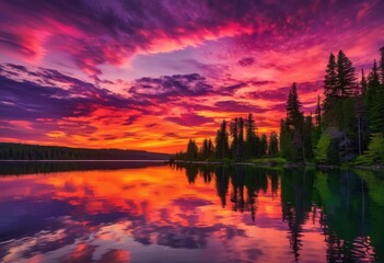 Naklejka premium captivating scenic imagery stunning sunset reflections glimmering tranquil water bodies under colorful evening sky, clouds, colors, dawn, dusk, horizon, lake