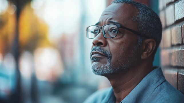 Pensive senior man leaning against brick wall reflecting on life