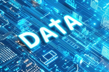 Digital illustration of the word 'Data' on a luminous blue circuit background