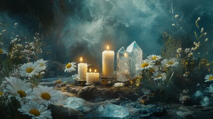 An evocative, moody composition centering on the symbolic triad of candles, daisies, and quartz crystals, their placement and the surrounding mist-shrouded environment conveying a sense of reverence,