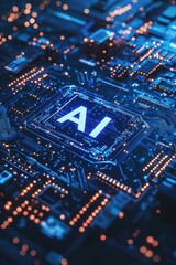 Obraz premium Artificial intelligence concept displayed on a futuristic blue circuit board