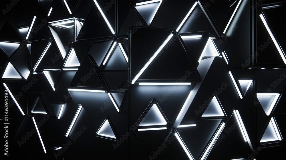 Poster a dark, high-tech background filled with interlocking triangular blocks, each emitting a faint neon 