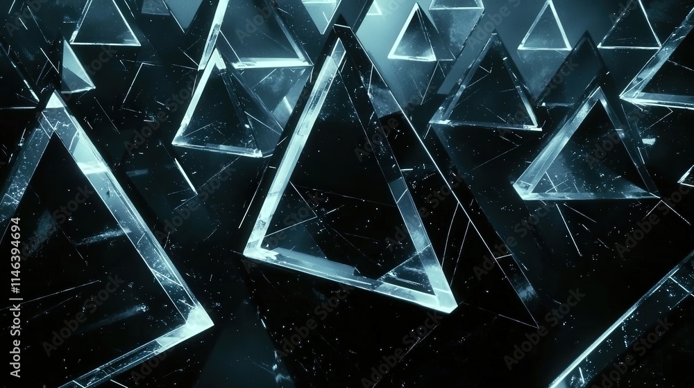 Poster a dark, high-tech environment filled with triangular blocks that form a seamless geometric structure