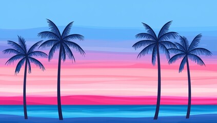 Obraz premium The tranquil ocean beach at dusk, with palm trees highlighted in bright orange and gold against the sunset.