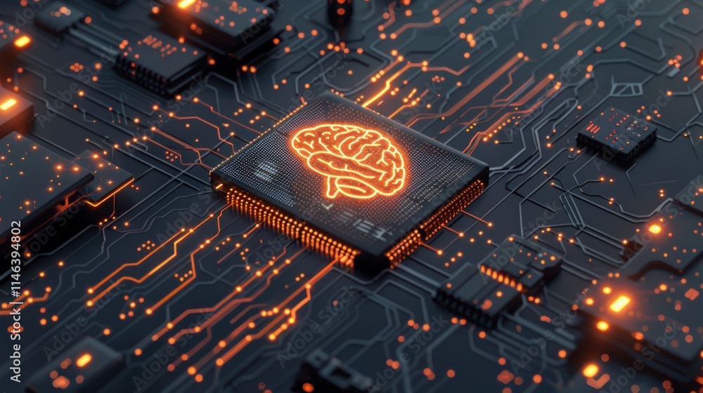 Poster glowing brain icon on a circuit board, representing ai and technology.