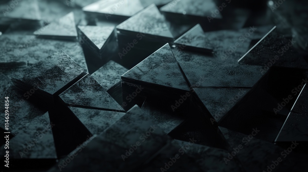 Poster a dark, high-tech environment filled with triangular blocks that form a seamless geometric structure