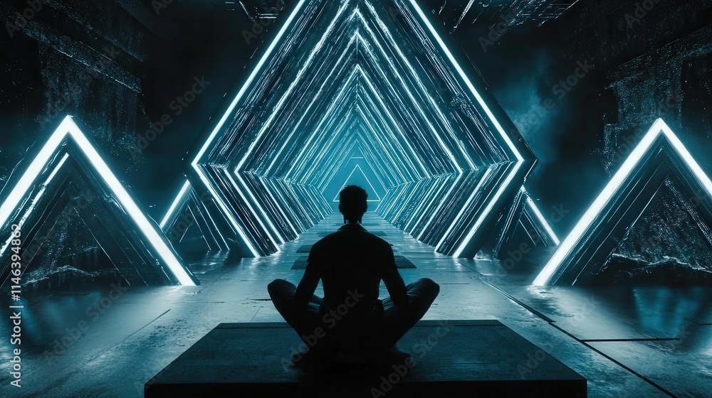 Poster a dark, high-tech environment filled with triangular blocks that form a seamless geometric structure