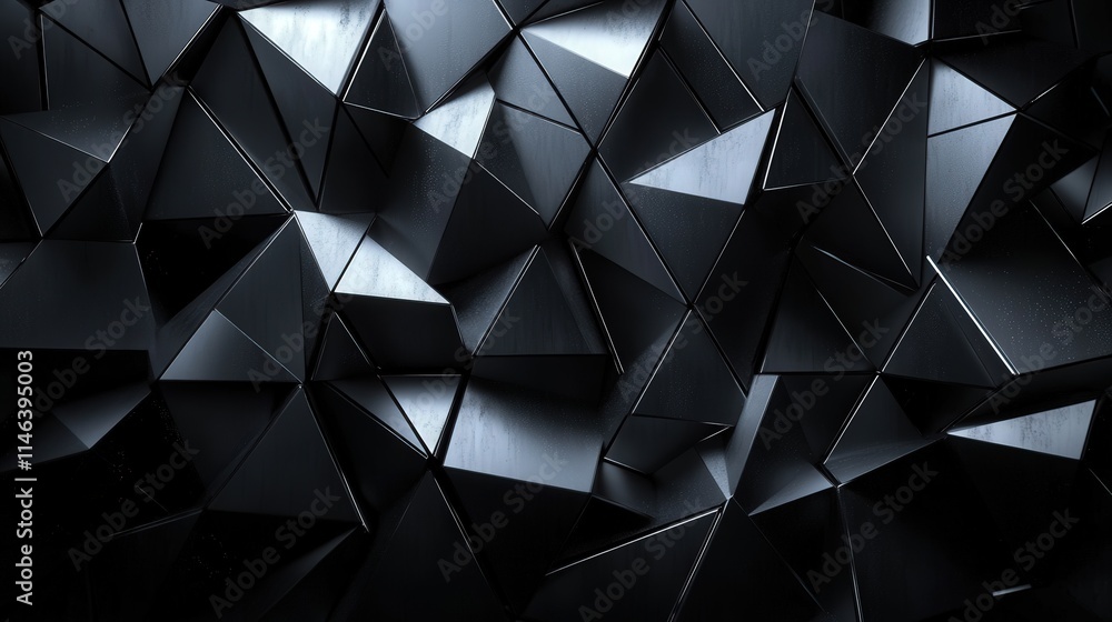 Poster a dark, high-tech environment filled with triangular blocks that form a seamless geometric structure