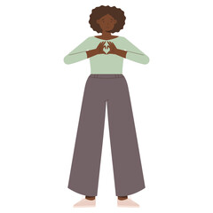 Illustration of a Dark-Skinned Woman with Curly Hair in Mint Green Top and Gray Pants Showing Heart Gesture