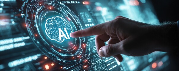 A hand interacts with a futuristic AI interface holographically