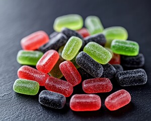 Colorful Chewy Gummies on Dark Surface with Sparkling Sugar Coating