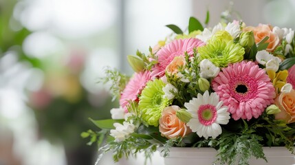 Colorful spring flower bouquet in a white vase.
