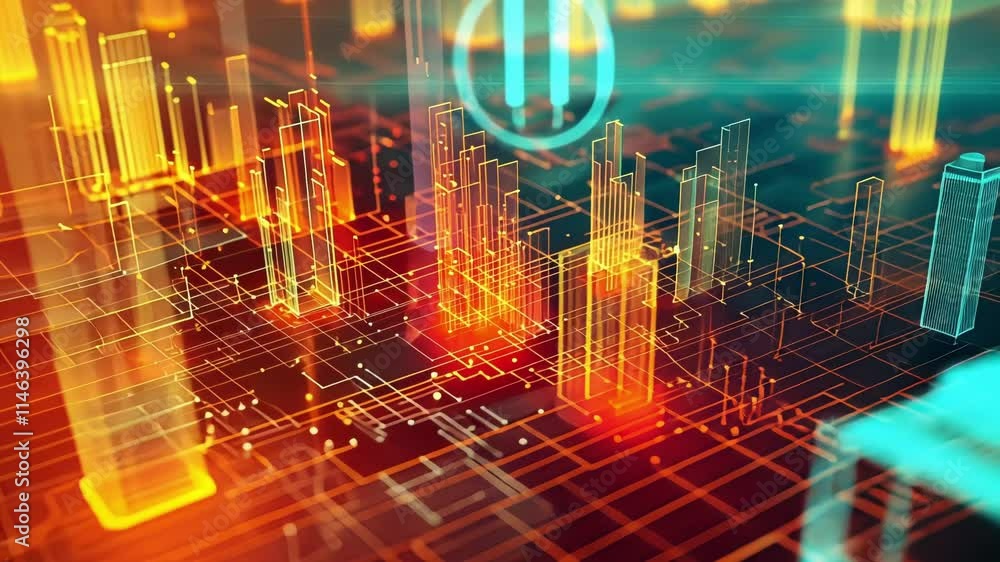 Poster complex network of interconnected lines and nodes forming a futuristic cityscape, symbolizing big da