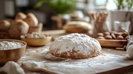 Fototapeta premium Baker preparing fresh dough for baking delicious bread