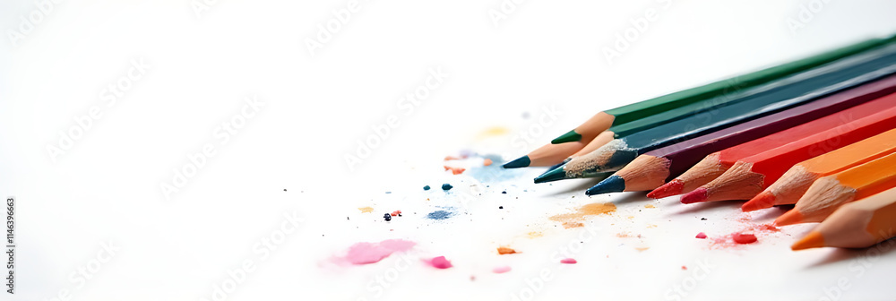 Poster Colorful pencils arranged abstractly on a plain white background create a visually striking artwork with unique visual appeal._00003_