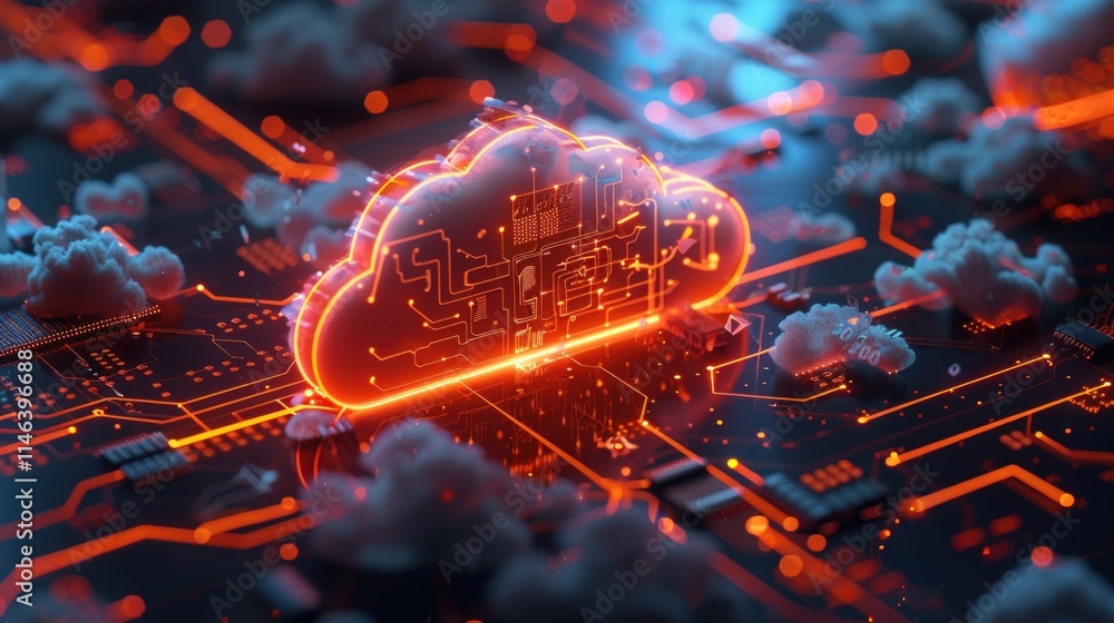 Poster glowing cloud computing icon on circuit board.
