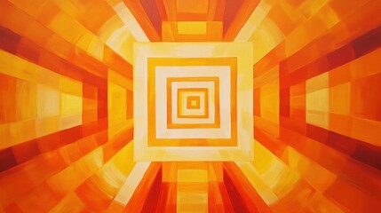 A vibrant abstract artwork featuring concentric squares in warm shades of orange and yellow.