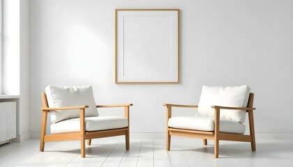 Two wooden armchairs with white cushions in a minimalist room with white walls and empty picture frames