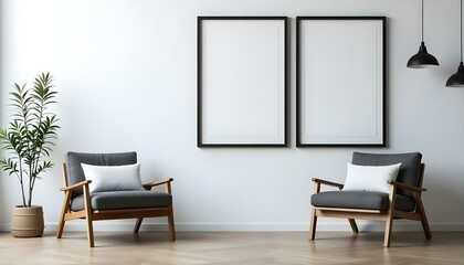 Two wooden armchairs with white cushions in a minimalist room with white walls and empty picture frames