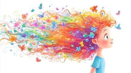 Whimsical Cartoon Girl with Vibrant Colorful Hair and Fantasy Elements – Children’s Illustration