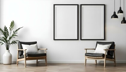Two wooden armchairs with white cushions in a minimalist room with white walls and empty picture frames
