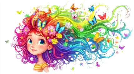 Whimsical Cartoon Girl with Vibrant Colorful Hair and Fantasy Elements – Children’s Illustration