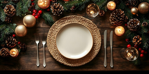 Cozy Christmas Table Setting: Festive Decor, Warm Lights, Elegant Dinnerware