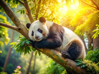 Obraz premium Adorable Giant Panda Sleeping in Spring Woods, Sichuan China - Cute Panda Bear Relaxing in Tree